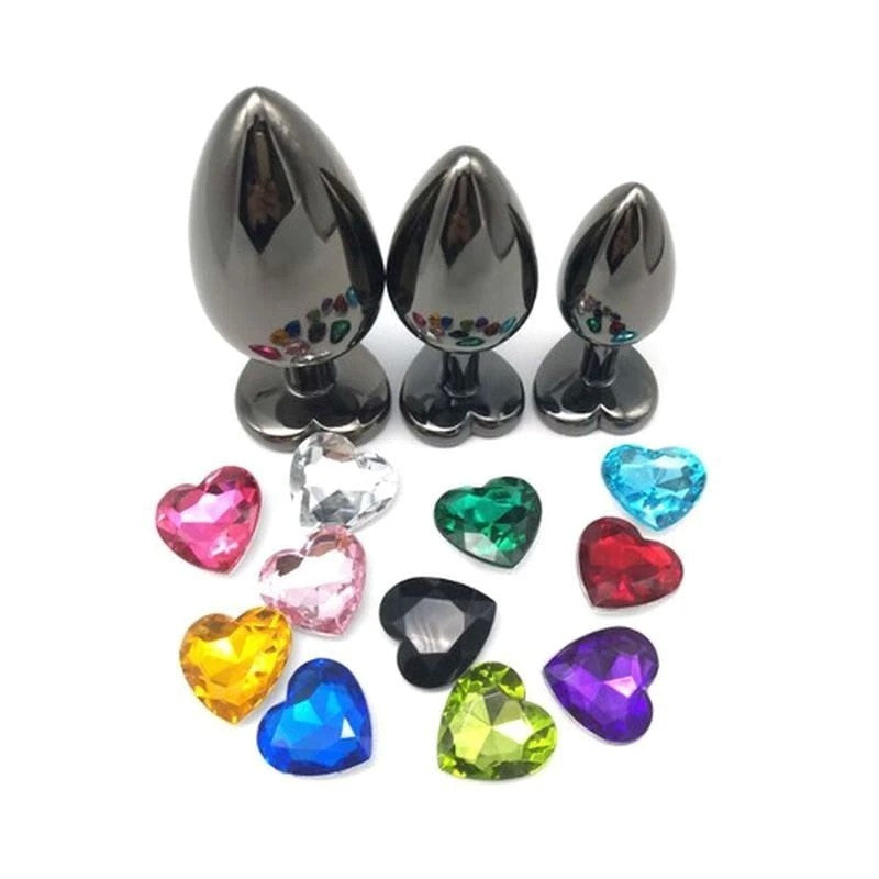 Heart Jeweled Black Steel Butt Plug Medium Butt Plugs