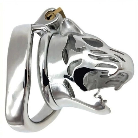 Tiger Head Bend Ring Steel Cock Cage - Male Chastity
