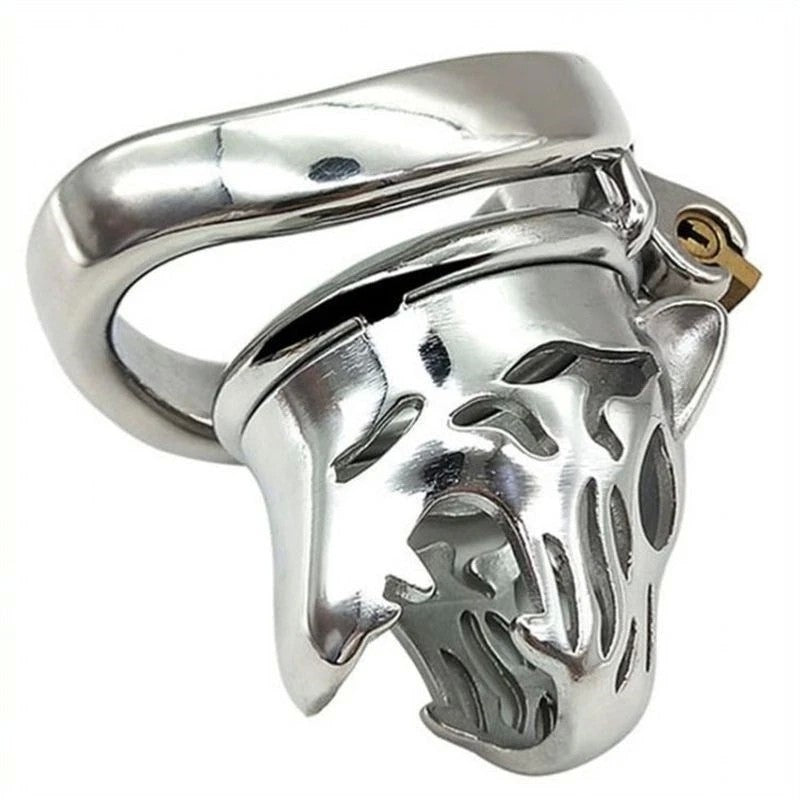Tiger Head Bend Ring Steel Cock Cage - Male Chastity