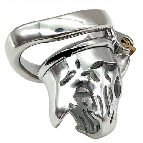 Tiger Head Bend Ring Steel Cock Cage - Male Chastity