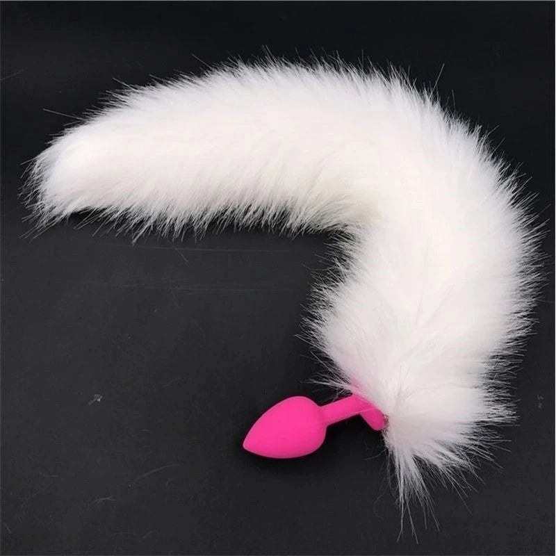White Faux Fox Tail with Pink Silicone Butt Plug Prostate Toys