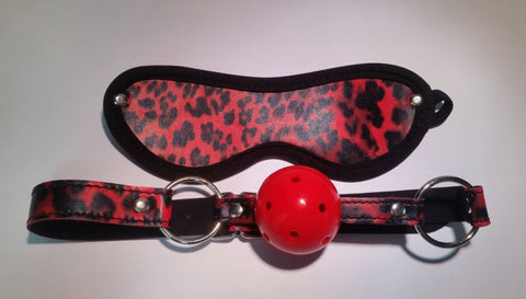 Red Leopard Ball Gag & Eye Mask - Bondage Gags and Bits