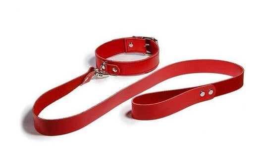 Bedroom Bondage Collar Adjustable Red Leather with Lead - Collars and Leads