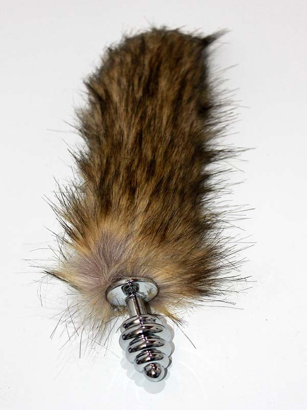 Black & Blonde Faux Fox Tail Butt Plug Silver Ribbed Fox Tail Steel Sex Toys