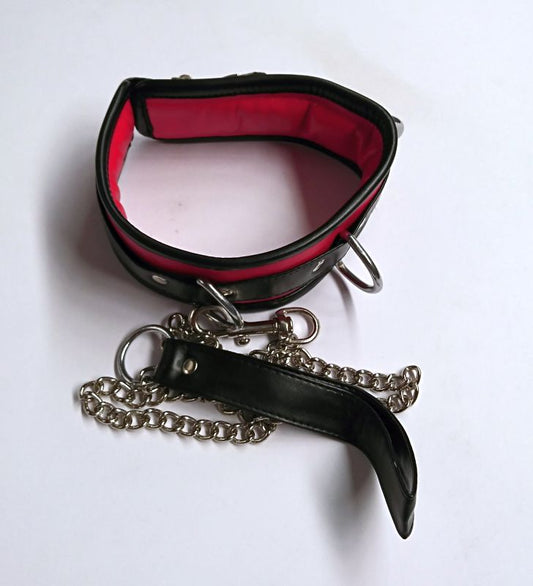 Luxurious BDSM Accessory - Black and Red Collar with Lead - Collars and Leads