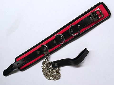 Luxurious BDSM Accessory - Black and Red Collar with Lead - Collars and Leads