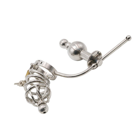 Chastity Cage Urethral Tube With Anal Plug - Male Chastity