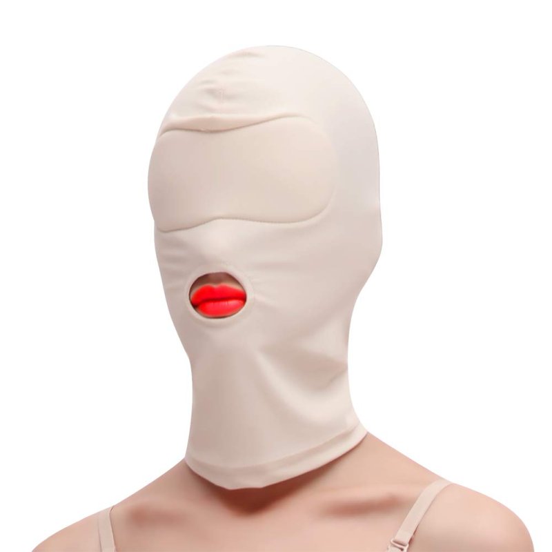 Spandex Open Mouth Hood With Padded Blindfold Cream Bondage Hoods