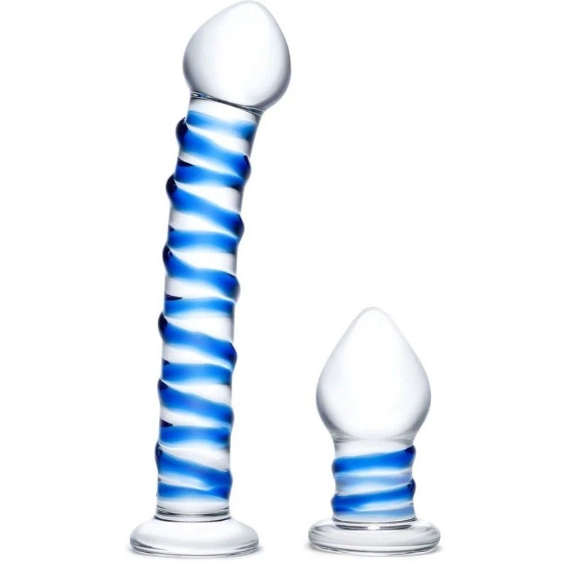 Glas Double Penetration Glass Swirley Dildo and Butt Plug Set Anal Dildos