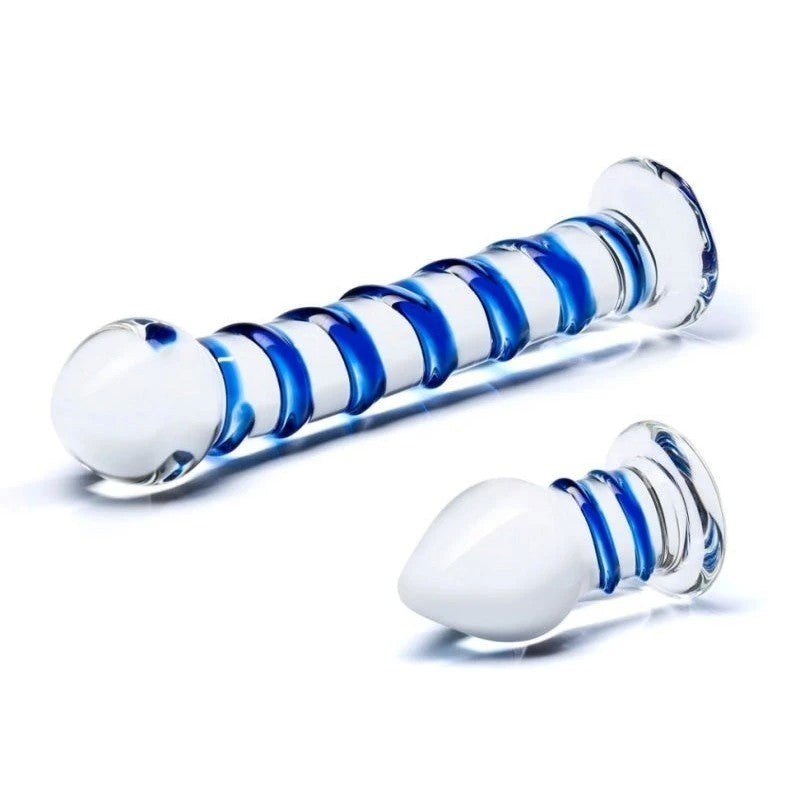Glas Double Penetration Glass Swirley Dildo and Butt Plug Set Anal Dildos
