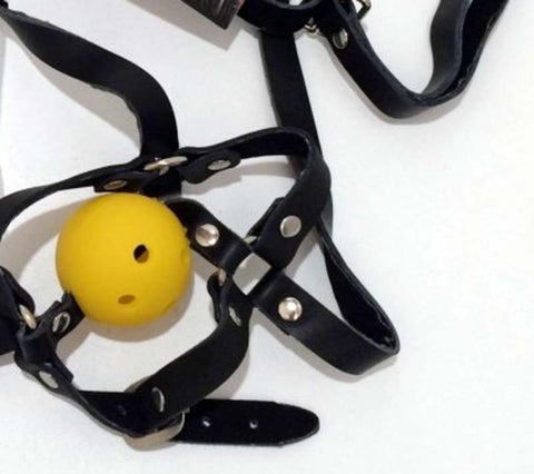 Dungeonnet Bondage Gag With Yellow Ball - Bondage Gags and Bits