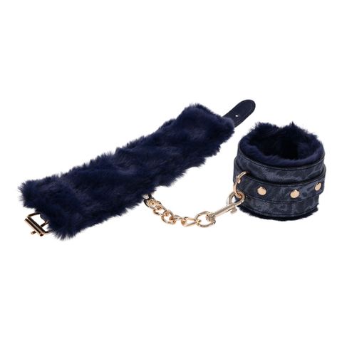 Sportsheets Sex & Mischief Cougar Fur Handcuffs Restraints Navy Blue / Gold - Cuffs And Restraints