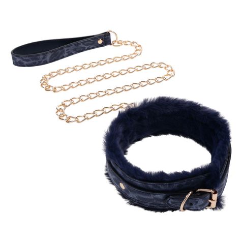 Sportsheets Sex & Mischief Cougar Fur Bondage Collar & Leash Navy Blue / Gold Collars and Leads