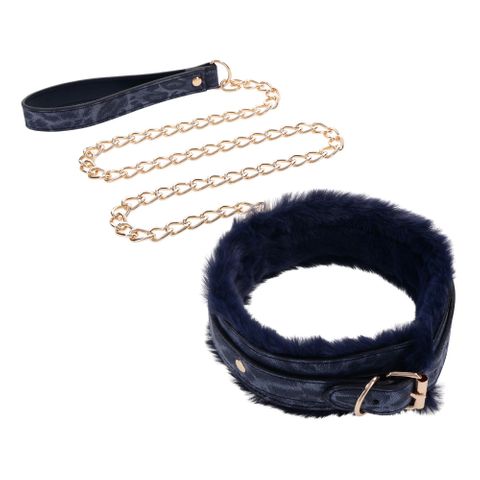Sportsheets Sex & Mischief Cougar Fur Bondage Collar & Leash Navy Blue / Gold - Collars and Leads