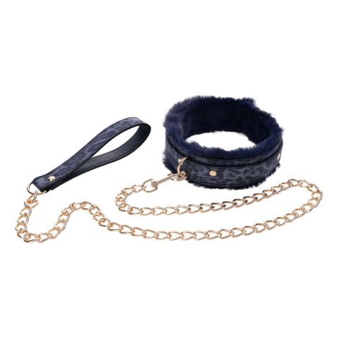 Sportsheets Sex & Mischief Cougar Fur Bondage Collar & Leash Navy Blue / Gold Collars and Leads