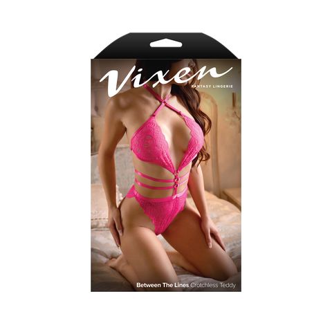 Fantasy Lingerie Vixen Between The Lines Womens Teddy Hot Pink Teddies and Bodysuits