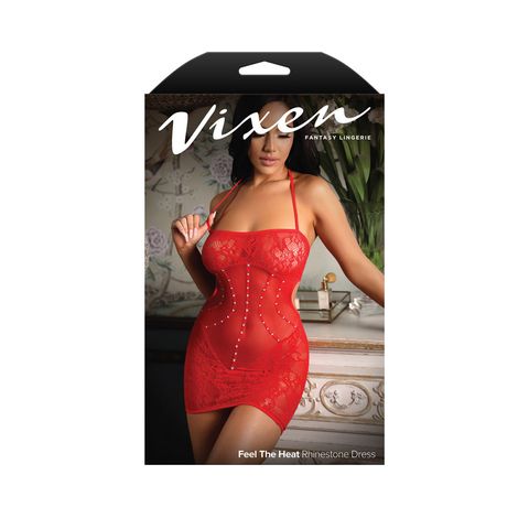 Fantasy Lingerie Vixen Feel The Heat Lace Halter Dress Red - BabyDolls And Chemises