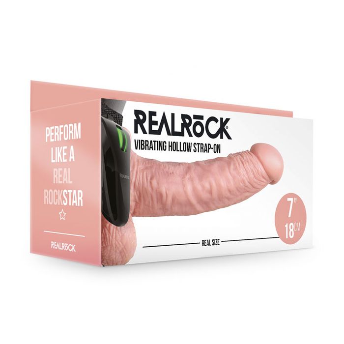 Shots REALROCK Vibrating Hollow Strapon Dildo & Balls 18cm Flesh Strap On Sextoys