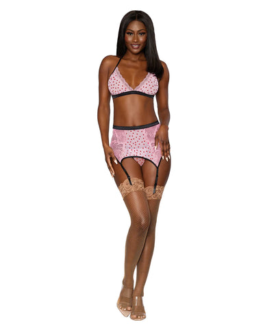 Dreamgirl Flocked Heart Bralette Garter Belt and G-String Set - Bras and Bra Sets