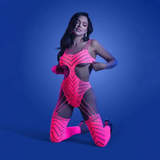 Radiant Rhinestone Glow Bodystocking - Neon Pink UV-Reactive Delight - Body Stockings