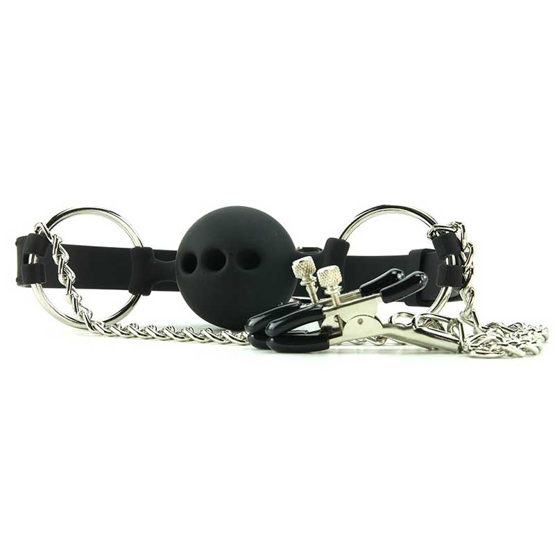 Hinder Breathable Silicone Ball Gag With Nipple Clamps Bondage Gags and Bits