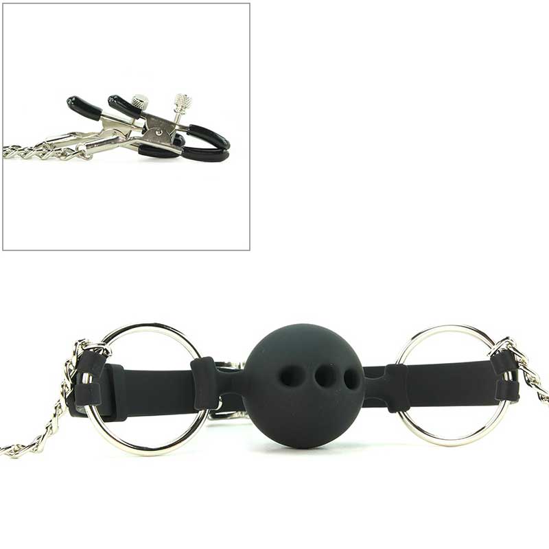 Hinder Breathable Silicone Ball Gag With Nipple Clamps Bondage Gags and Bits