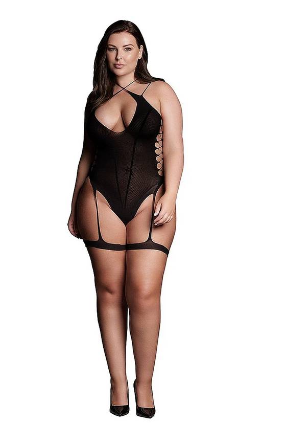 Le Desir Shade Metis XVI Womens Bodysuit with Garters and Crossed Neckline Black Teddies and Bodysuits