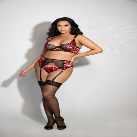 Seven Til Midnight Three Piece Leopard Print Satin and Lace Bra Garter Belt and Panty Set 3X/4X - Bras and Bra Sets