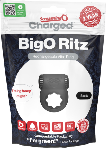 Charged BigO Ritz Rechargeable Vibrating Mens Cock Ring Black - Vibrating Cock Rings