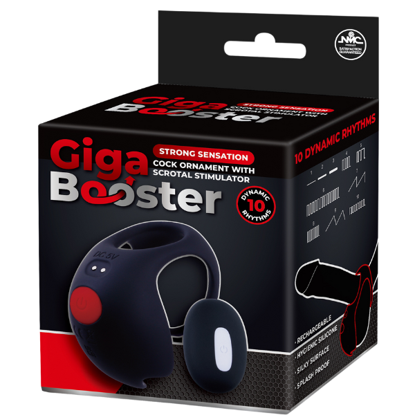 Giga Booster Rechargeable Cock Ornament with Scrotal Stimulator Black Vibrating Cock Rings