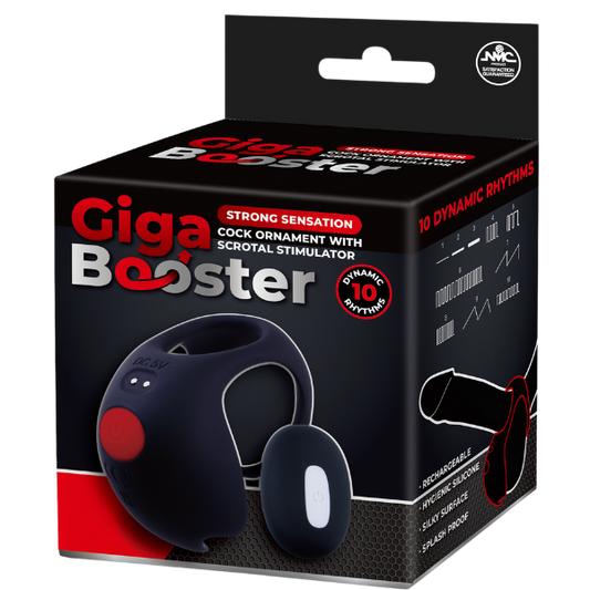 Giga Booster Rechargeable Cock Ornament with Scrotal Stimulator Black Vibrating Cock Rings