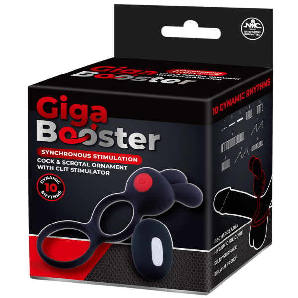 Giga Booster Cock & Scrotal Ornament With Clit Stimulator Black Vibrating Cock Rings