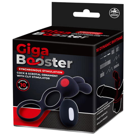 Giga Booster Cock & Scrotal Ornament With Clit Stimulator Black Vibrating Cock Rings