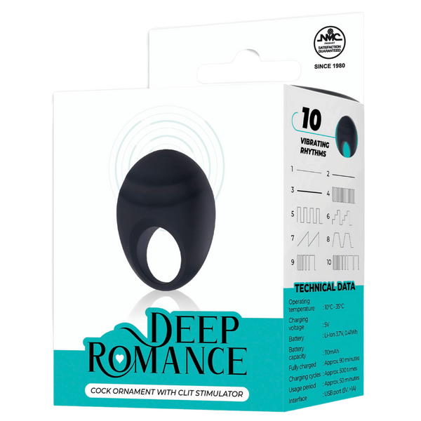 Deep Romance 10 Function Cock Ornament With Clit Stimulator Black Vibrating Cock Rings