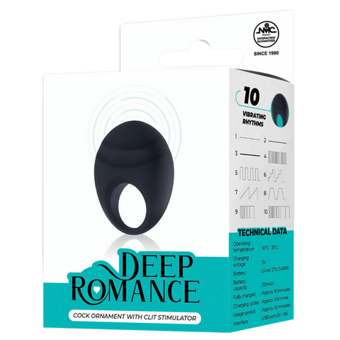 Deep Romance 10 Function Cock Ornament With Clit Stimulator Black - Vibrating Cock Rings