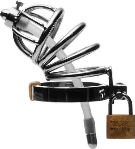 Master Series Stainless Steel Chastity Cage With Silicone Urethral Plug - Male Chastity