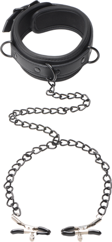 Master Series Collared Temptress Collar With Nipple Clamps - Nipple and Clit Clamps