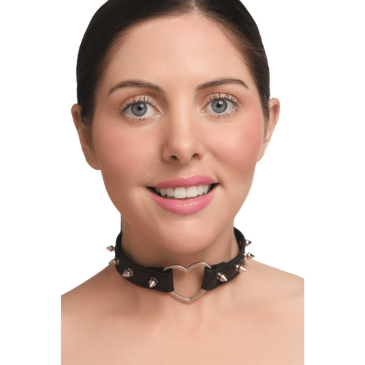 Master Series Spiked Heart Bondage Choker Black - Collars and Leads