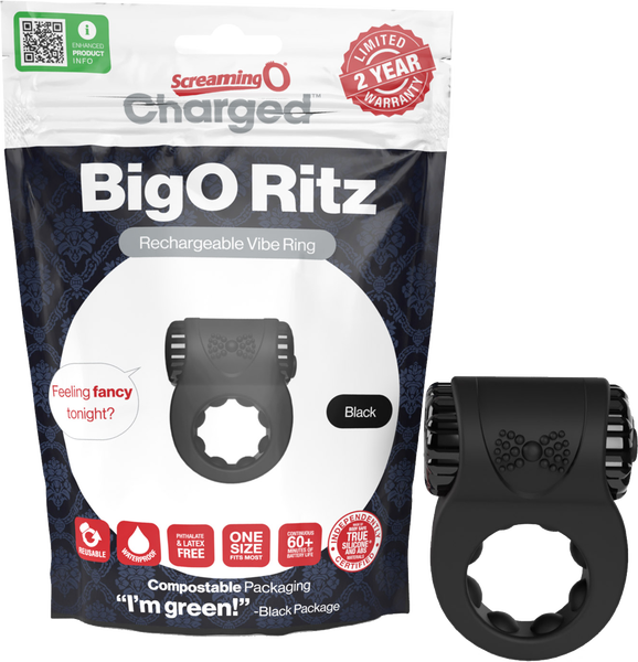 Charged BigO Ritz Rechargeable Vibrating Mens Cock Ring Black Vibrating Cock Rings