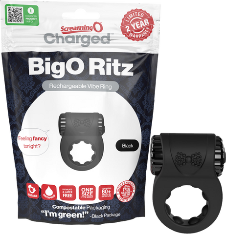 Charged BigO Ritz Rechargeable Vibrating Mens Cock Ring Black - Vibrating Cock Rings