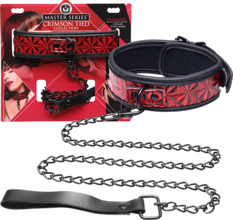 Master Series Crimson Tied Bondage Collar With Leash - Collars and Leads