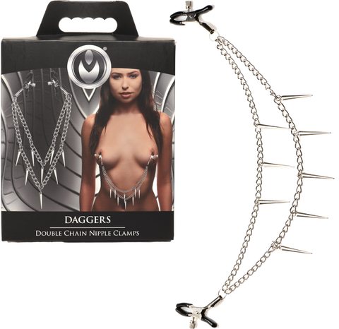 Master Series Daggers Double Chain Fetish Play Nipple Clamps - Nipple and Clit Clamps