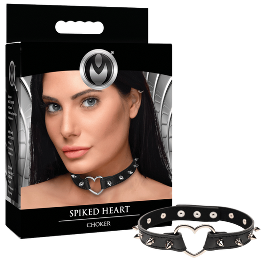 Master Series Spiked Heart Bondage Choker Black - Collars and Leads