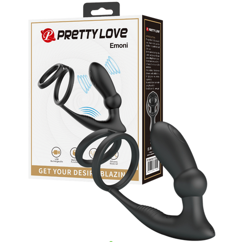 Pretty Love Emoni Vibrating Cock Ring With Butt Plug Black - Vibrating Cock Rings