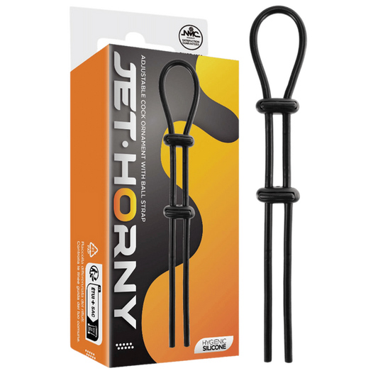 Jet Horny Adjustable Male Cock Ornament with Ball Strap Black - Stretchy Cock Rings