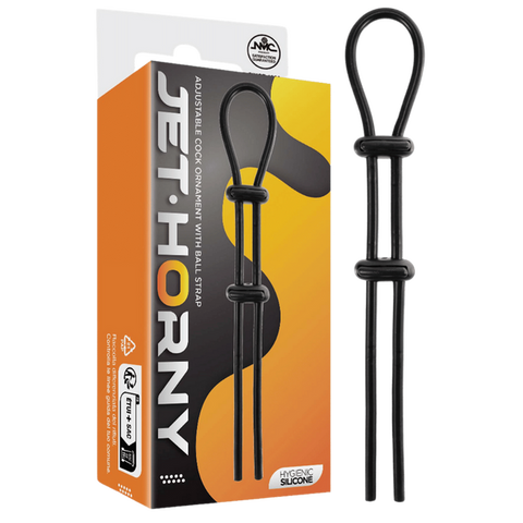 Jet Horny Adjustable Male Cock Ornament with Ball Strap Black - Stretchy Cock Rings