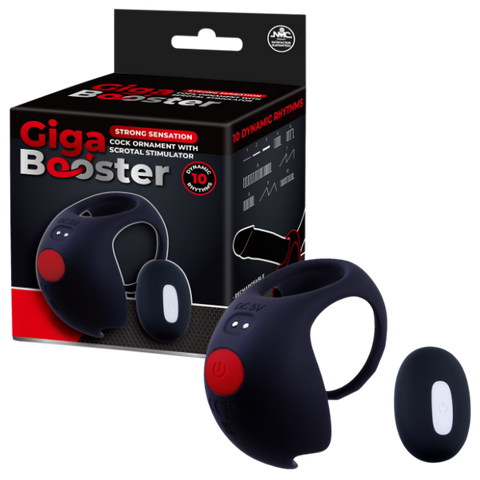 Giga Booster Rechargeable Cock Ornament with Scrotal Stimulator Black - Vibrating Cock Rings