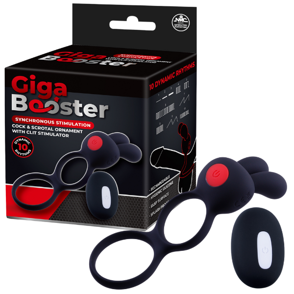 Giga Booster Cock & Scrotal Ornament With Clit Stimulator Black Vibrating Cock Rings