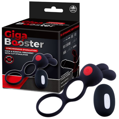 Giga Booster Cock & Scrotal Ornament With Clit Stimulator Black - Vibrating Cock Rings