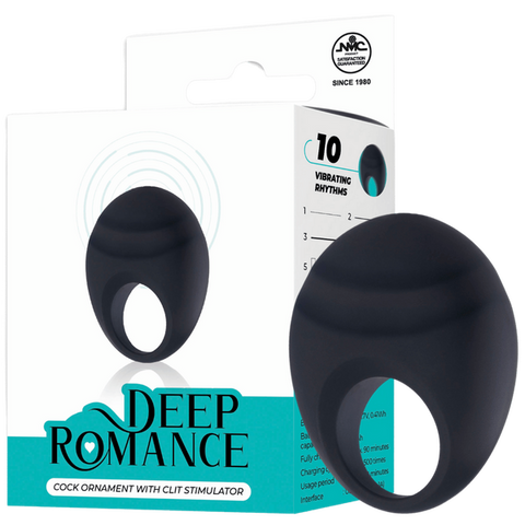 Deep Romance 10 Function Cock Ornament With Clit Stimulator Black - Vibrating Cock Rings
